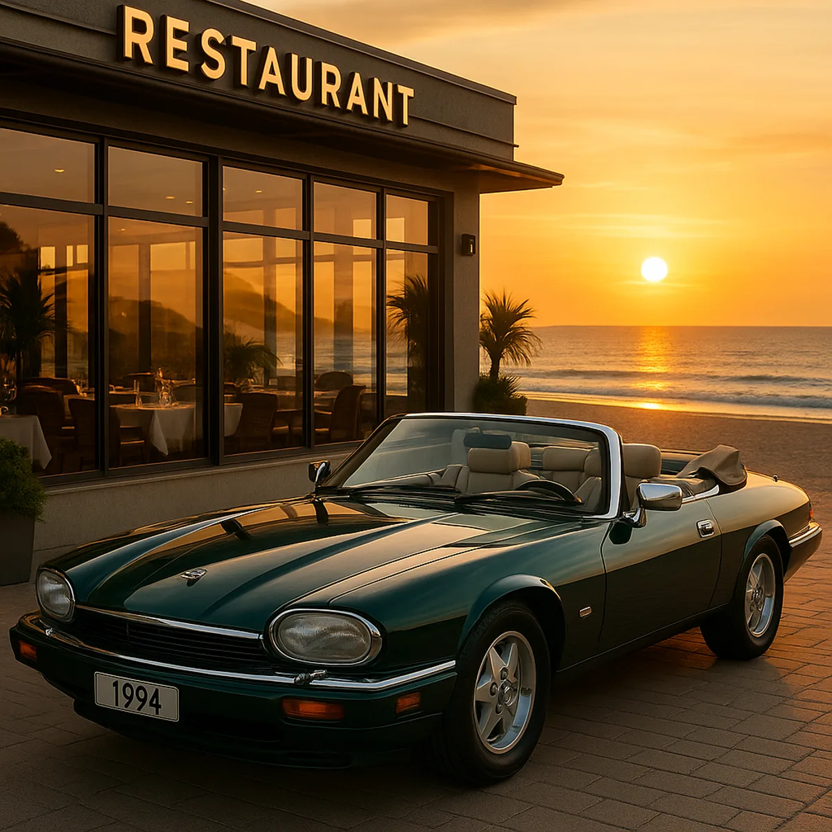 Green 1994 Jaguar XJS convertible in a cinematic restaurant setting