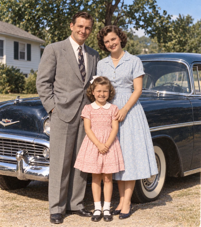 Restored version of the same 1950s family photograph with the same people, composition, camera angle, house, and automobile