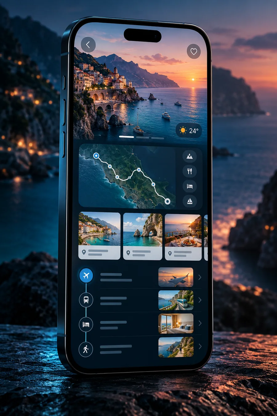 Photorealistic travel planning mobile app on a premium smartphone