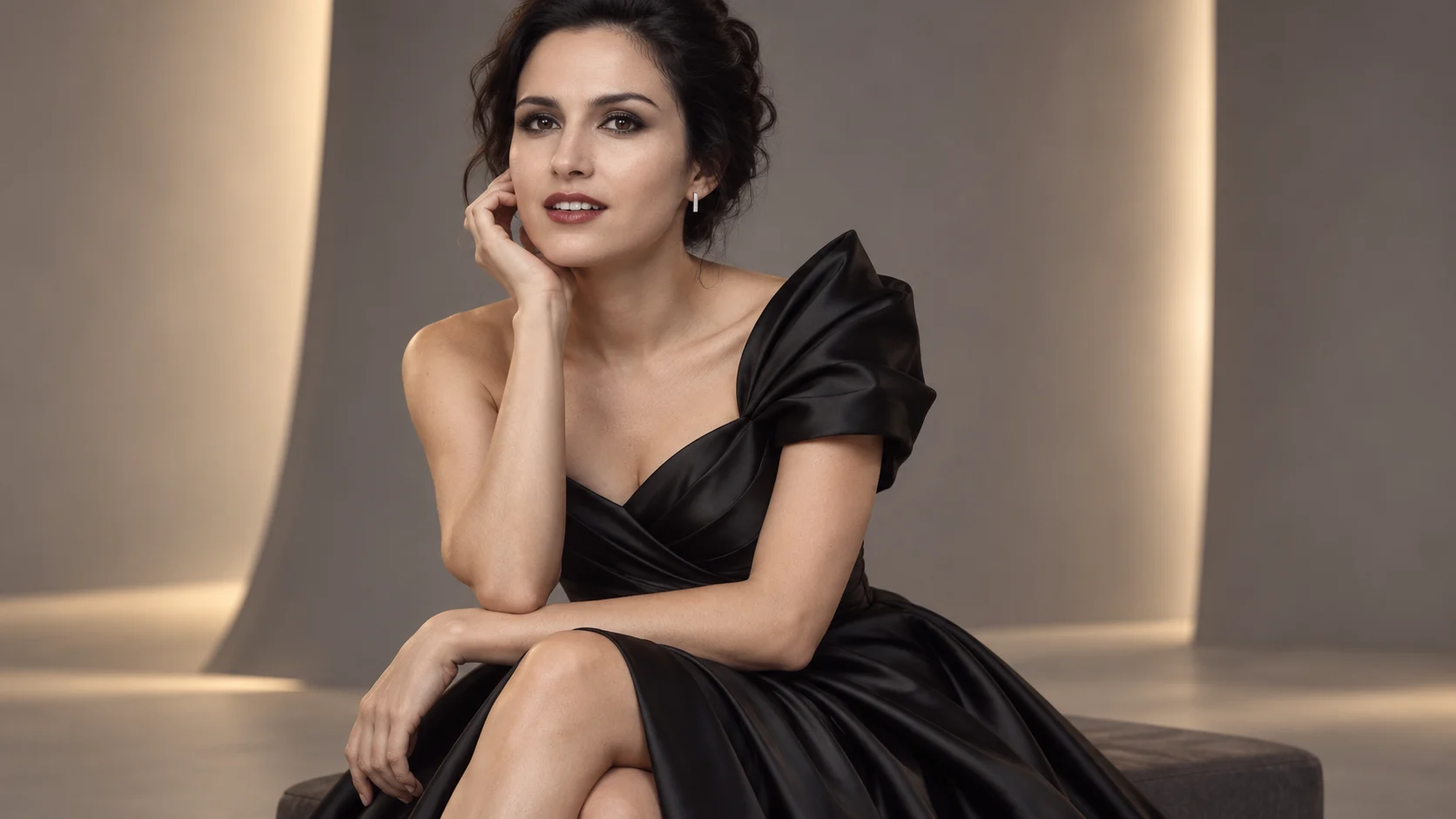 Front in a black evening gown