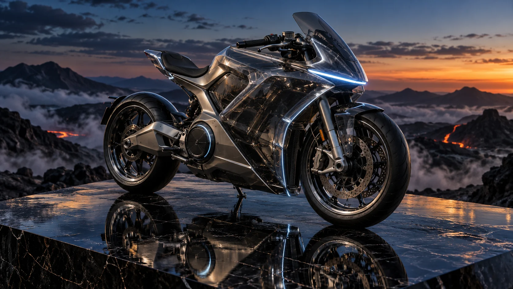 Futuristic crystal and titanium motorcycle concept created with RI