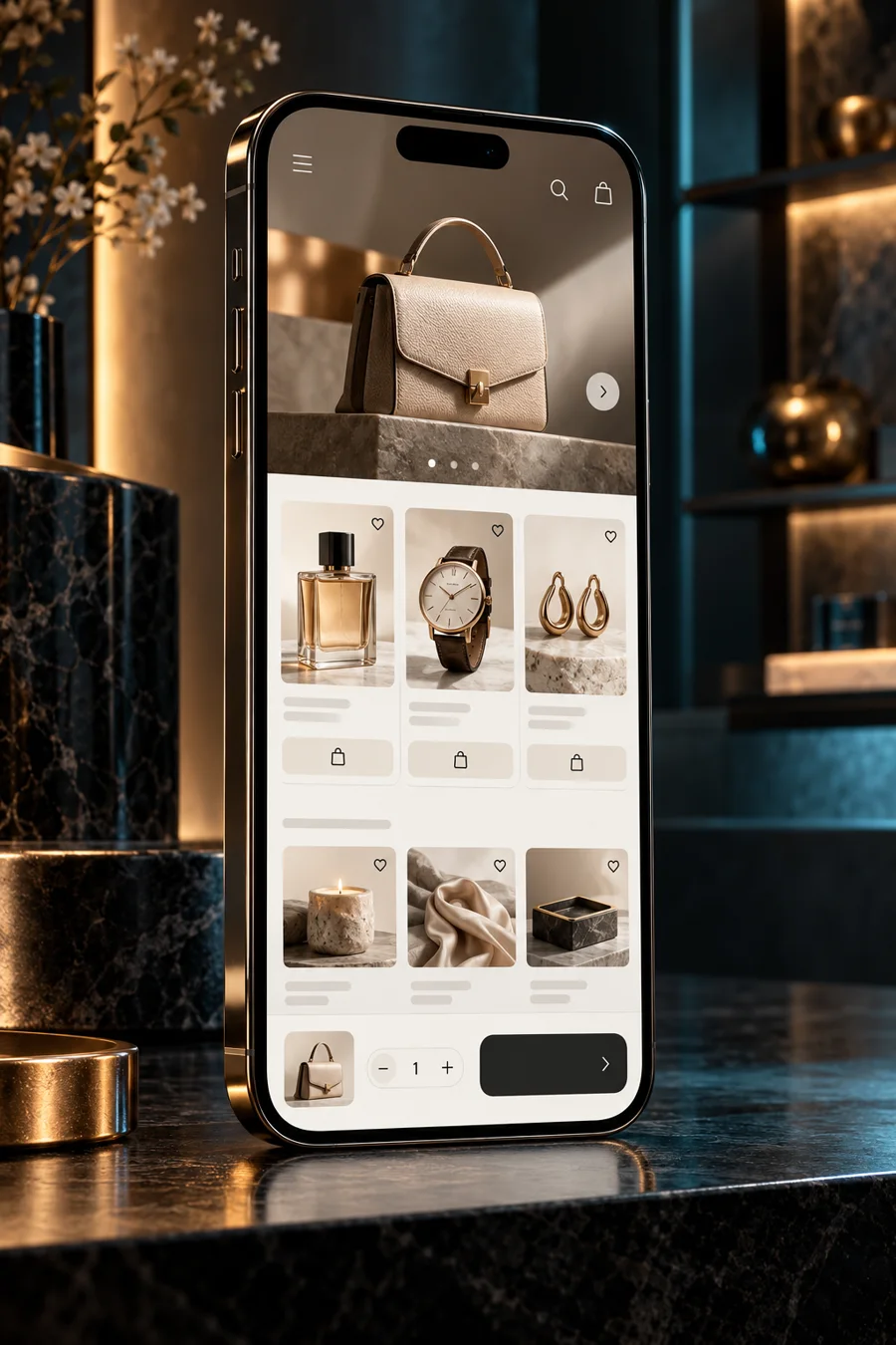 Photorealistic luxury commerce mobile app on a premium smartphone
