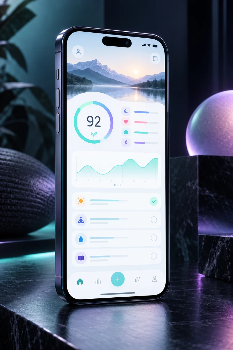 Photorealistic wellness mobile app on a premium smartphone
