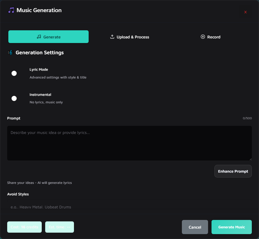 Music generation screen in RI